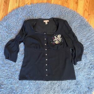 Vintage I.E. Black Silk Blouse Embellished Accent Size L
